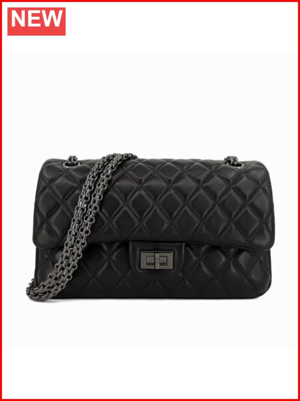 Genuine Lambskin Quilted Double Flap Shoulder Bag with Chain Strap